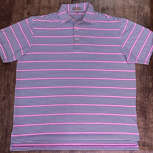 Peter Millar Summer Comfort Navy White Pink Striped Polo- Llanerch Country Club - Picture 1 of 5